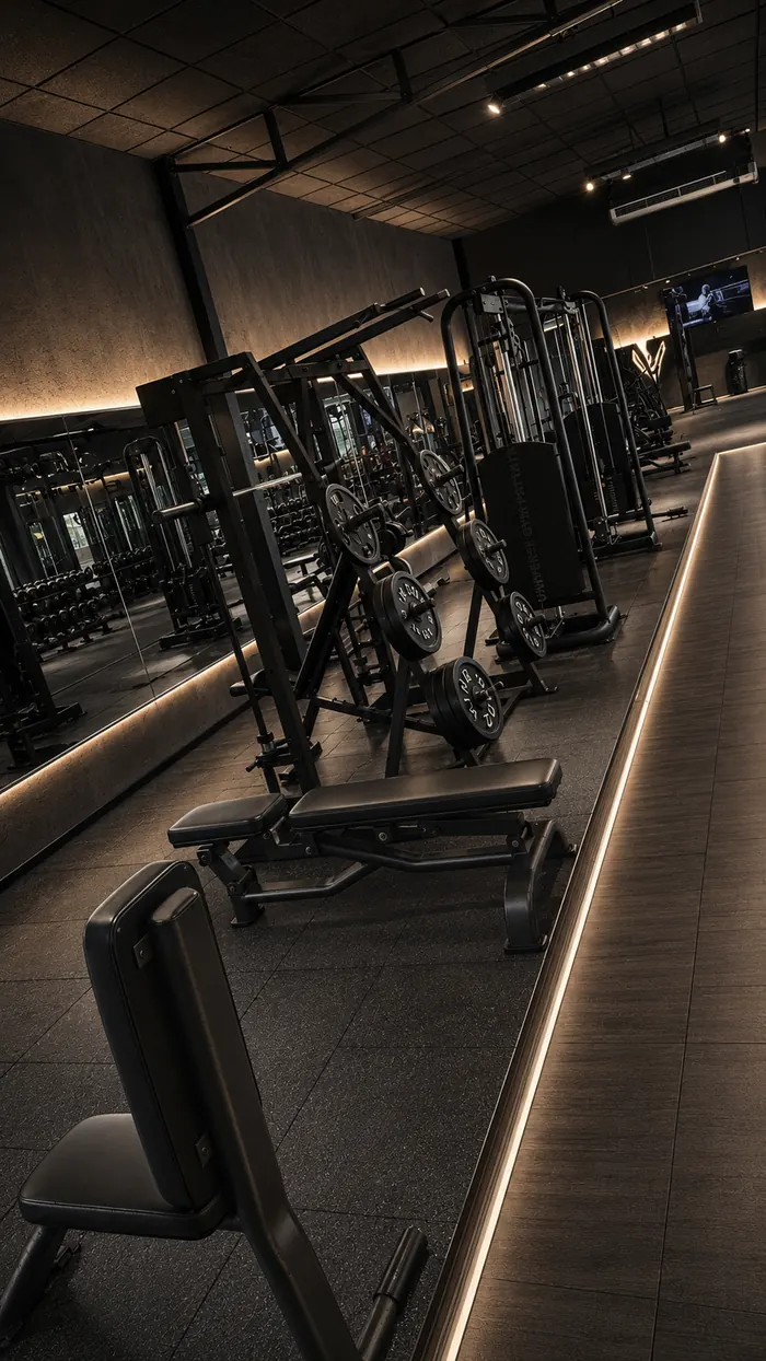 Adjustable bench and plate trees along a warm LED floor line