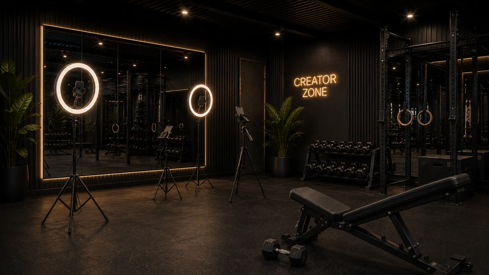 Creator zone with ring lights, tripods and a lit CREATOR ZONE sign
