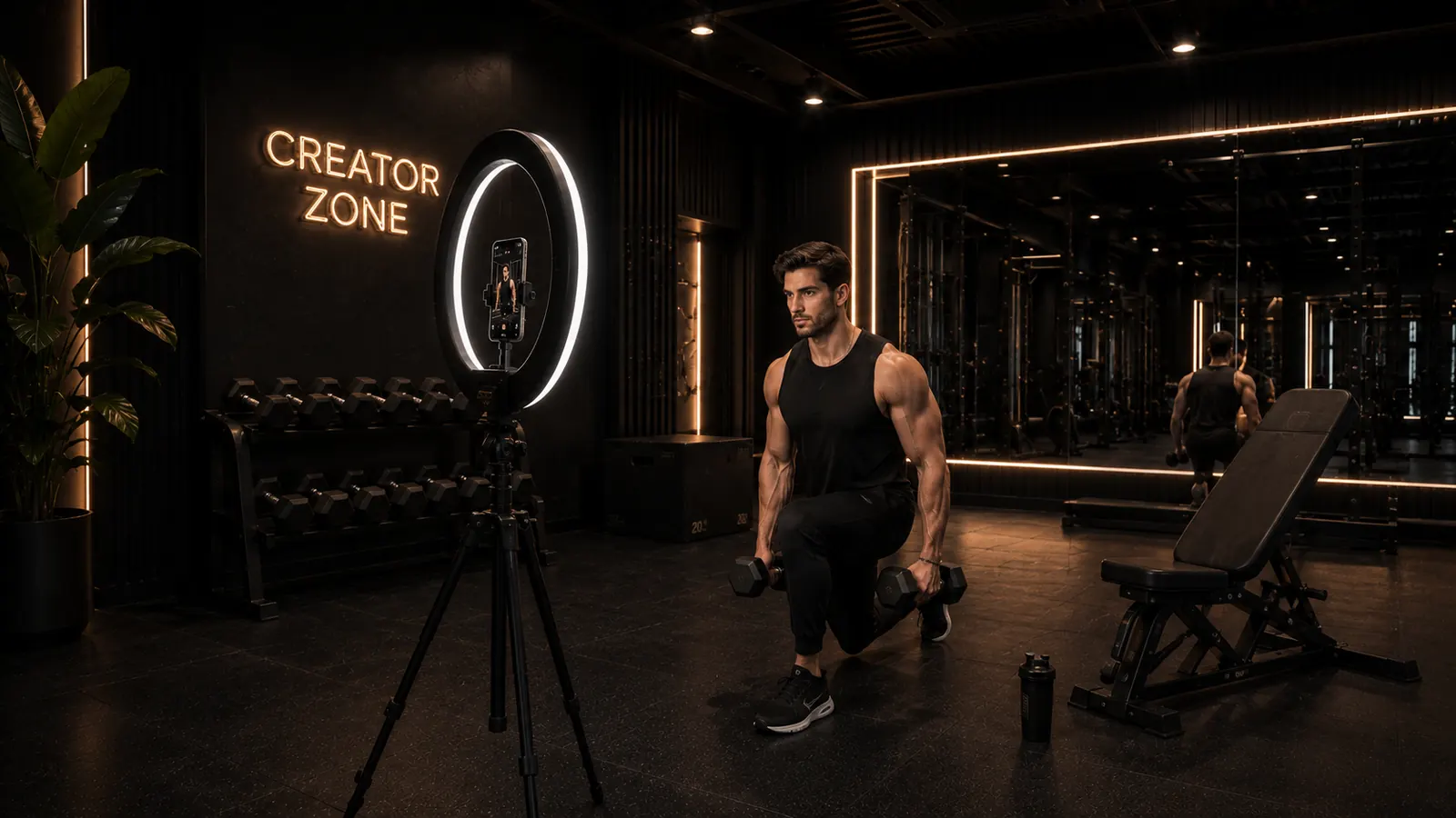 Creator zone corner with ring lights on tripods and phone holders in front of a mirror wall