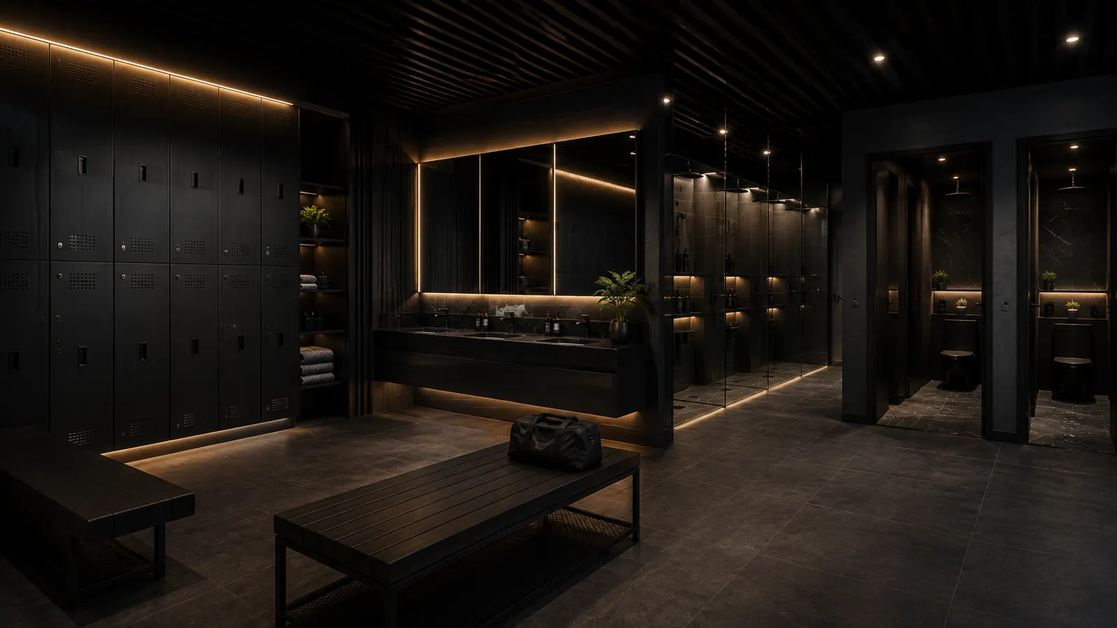 Premium black locker room with backlit lockers, stone vanity and glass showers