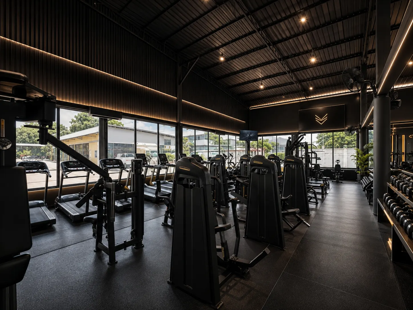 Rows of brand-new selectorized strength machines in the daylight machine hall