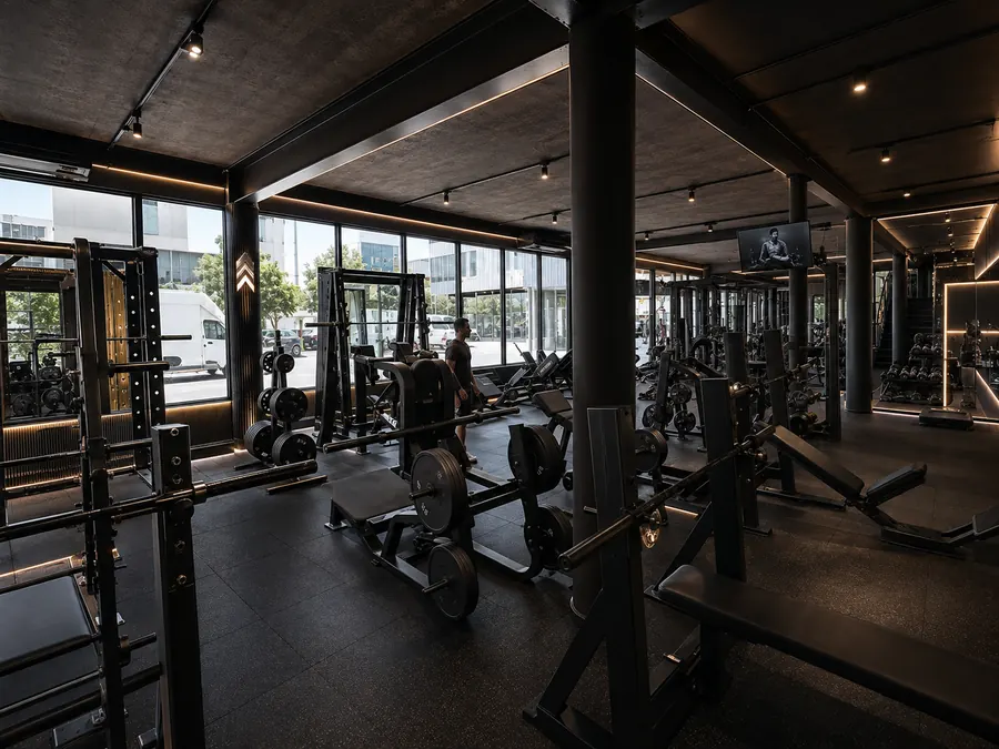 Power racks and weight plates in daylight by the windows