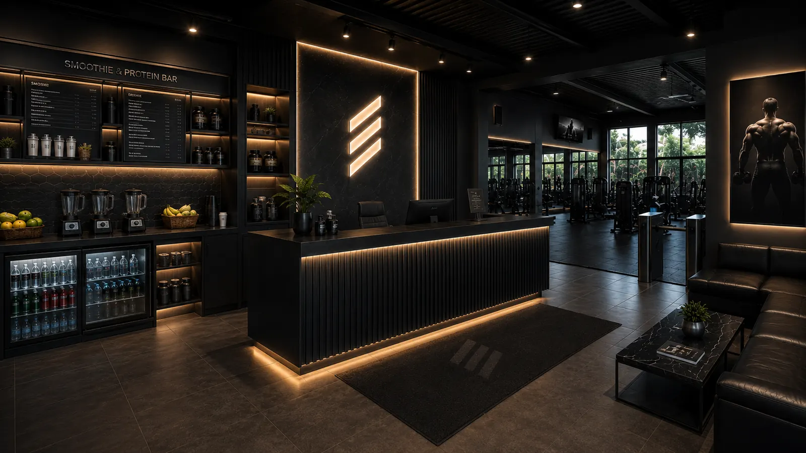 Reception with smoothie and protein bar, backlit menu boards and leather lounge
