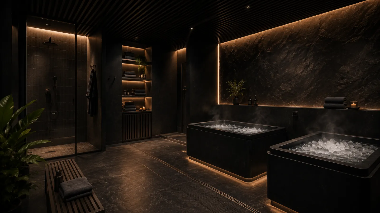 Recovery suite with twin ice baths and rain shower in dark stone