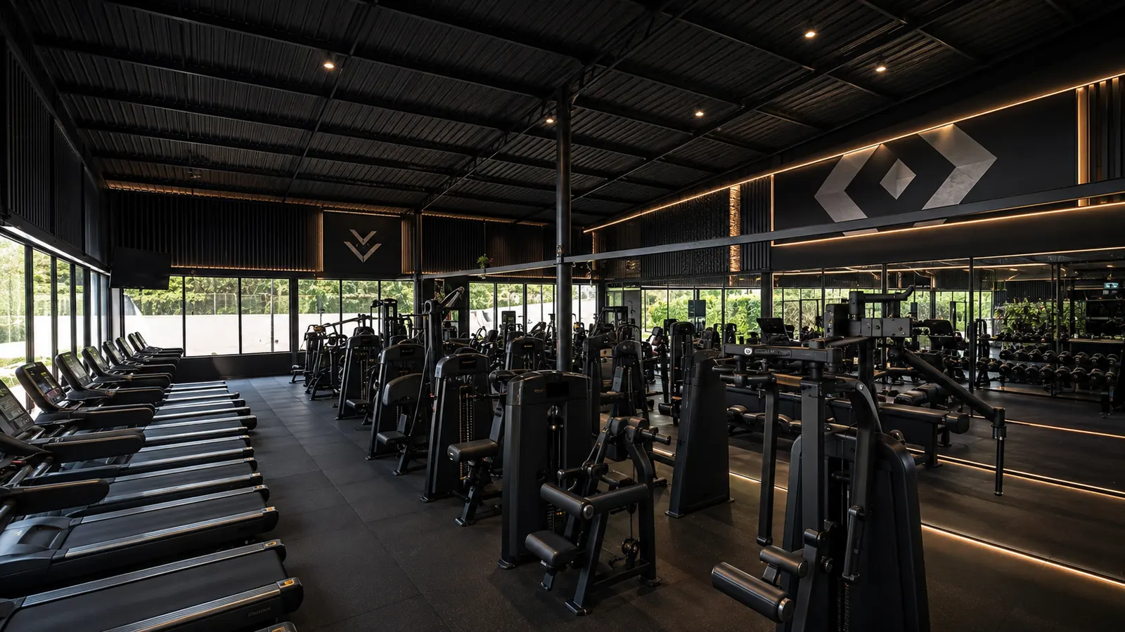 Strength machine floor at Universe Gym Pattaya with black plate-loaded equipment and gold LED lighting